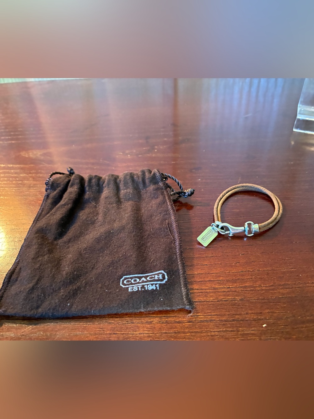 Coach Brown Leather Cord Bracelet with Silver-Tone Tag
